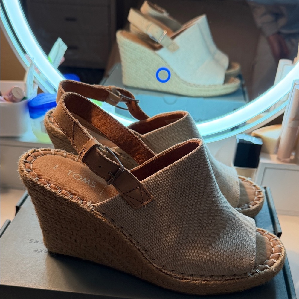 TOMS Cream Canvas Espadrille Wedge Sandals with Tan Leather Strap